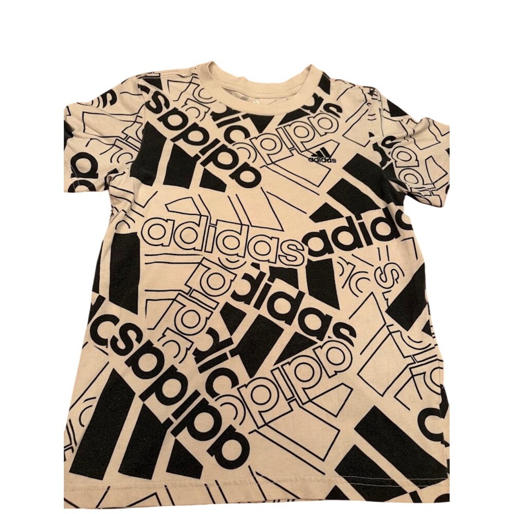 Adidas Boys Graphic Tee Tan Black All Over Logo Print T-Shirt Size 7